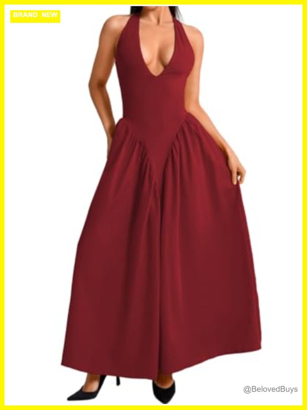 Deep V Neck Halter Maxi Dress Layered Bow Backless Formal Wedding Guest